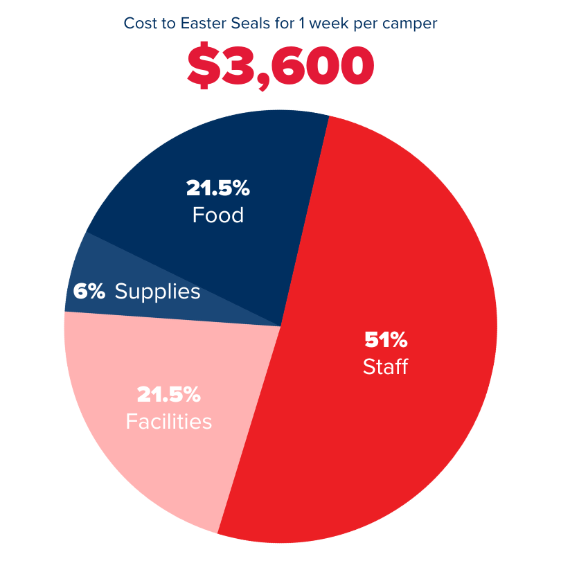 Cost of Camps divided into 51% staffing costs, 21.5% facility costs, 21.5% food costs and 6% supplies cost